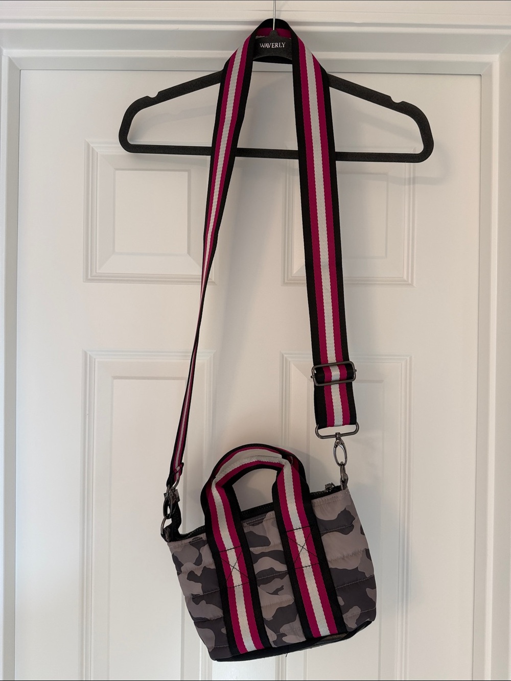 THINK ROYLN Gray Camo Mini Bag with Pink-Striped Strap